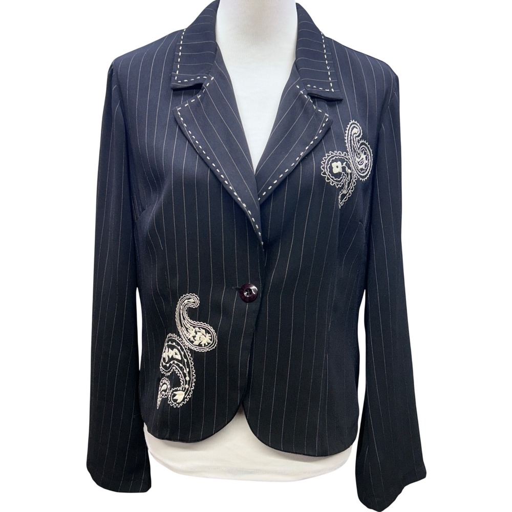 Studio Ease Blazer Jacket Women 12 Black Pinstripe Paisley Embroidered Corp Goth